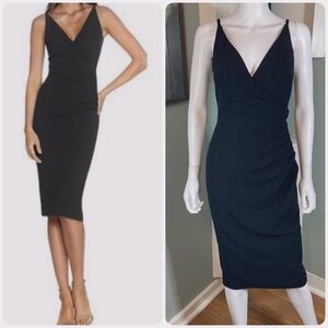 Dress the Population Anita Crepe Cocktail Black Midi Sheath Dress Ruched Small S
